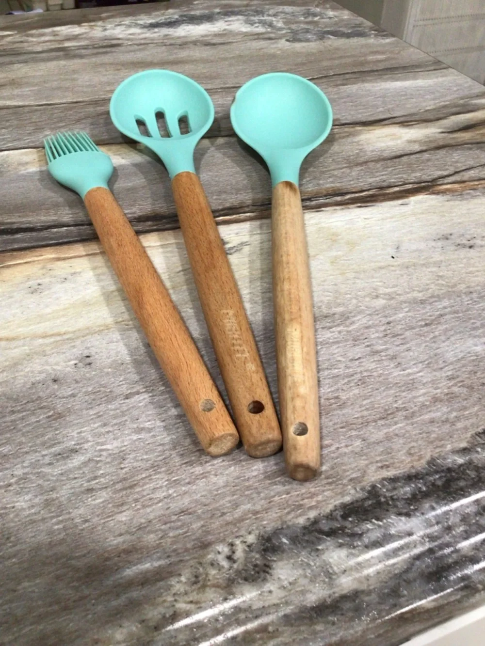 MIBOTE 3pc Silicone Kitchen Utensil Set Teal Wood Handle Spoon Brush BPA Free.